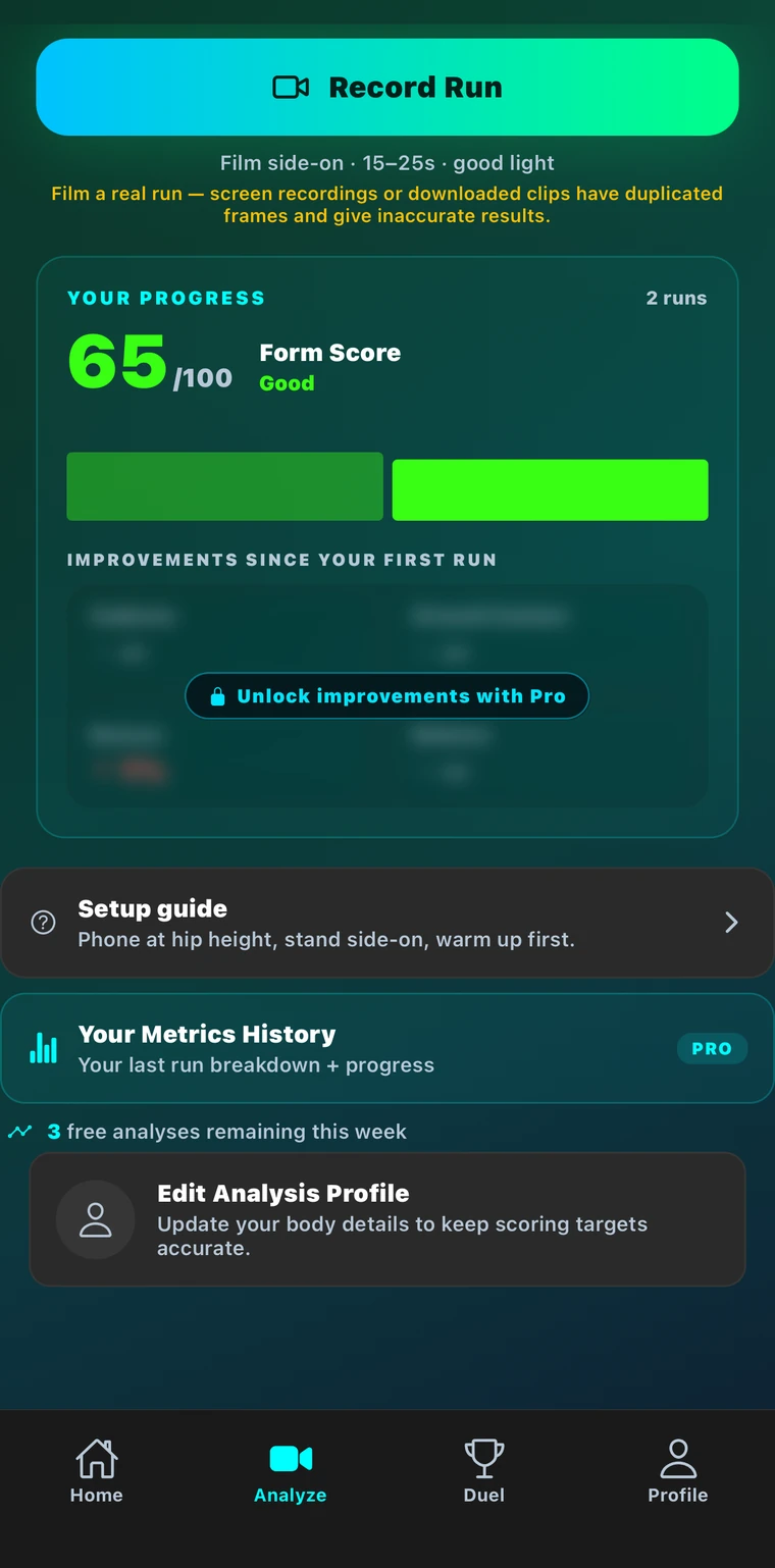 Recura analyse tab showing form score progress and record-run button
